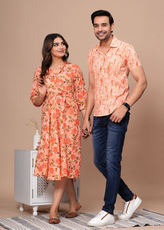 ORANGE FLORALHANDBLOCK PRINTED SHIRT AND DRESS