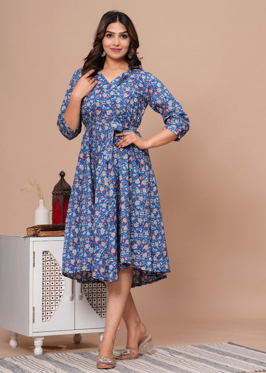 BLUE FLORAL HANDBLOCK PRINTED DRESS