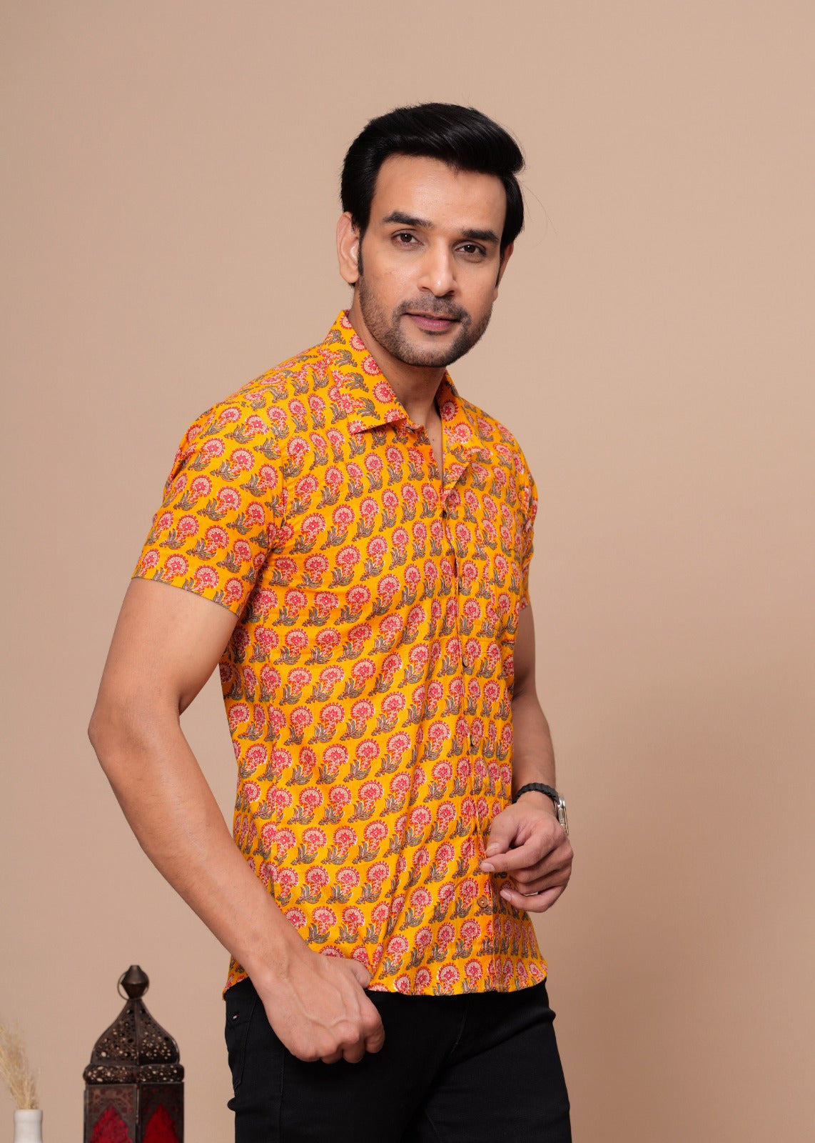 MUSTARD HANDBLOCK PRINTED SHIRT