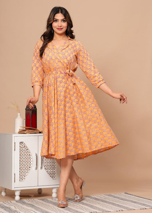 MUSTARD HANDBLOCK PRINTED DRESS