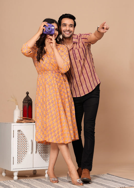 MAROON AND MUSTARD HANDBLOCK PRINTED SHIRT AND DRESS