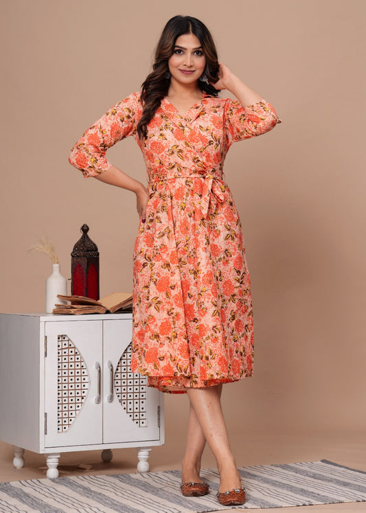 ORANGE FLORAL HANDBLOCK PRINTED DRESS