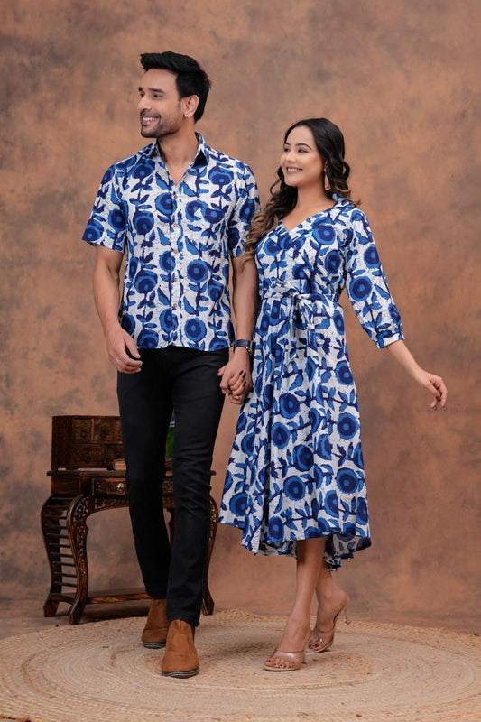 INDIGO HANDBLOCK PRINTED SHIRT AND DRESS