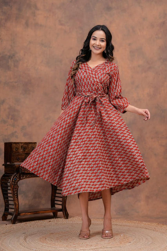 RED HANDBLOCK PRINTED DRESS