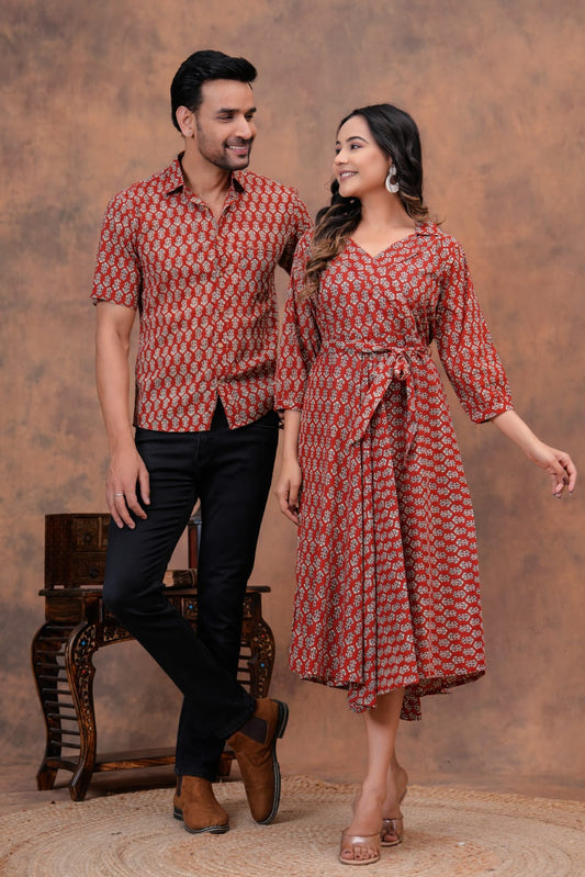 RED HANDBLOCK PRINTED SHIRT AND DRESS