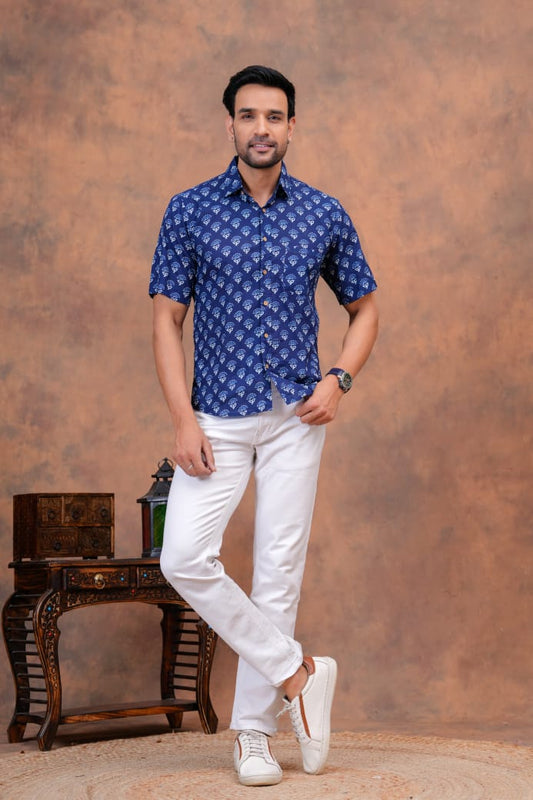 BLUE BAGRU HANDBLOCK PRINTED SHIRT
