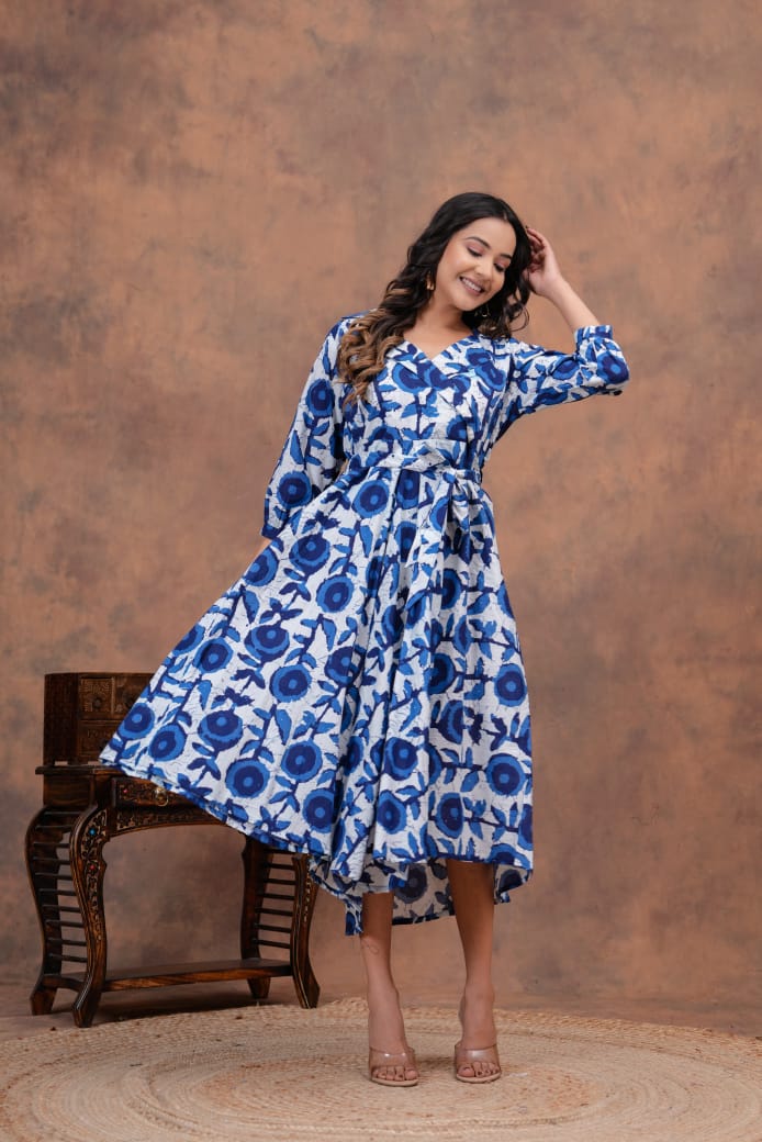 INDIGO HANDBLOCK PRINTED DRESS