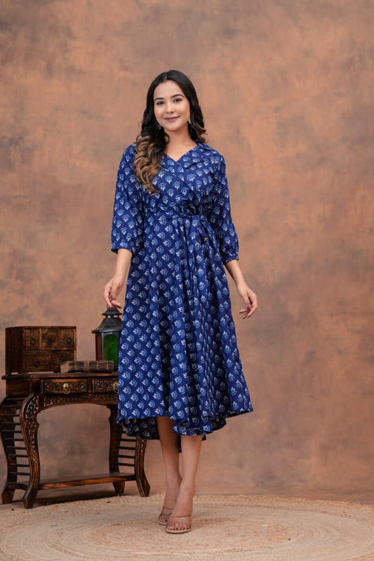 BLUE BAGRU HANDBLOCK PRINTED DRESS