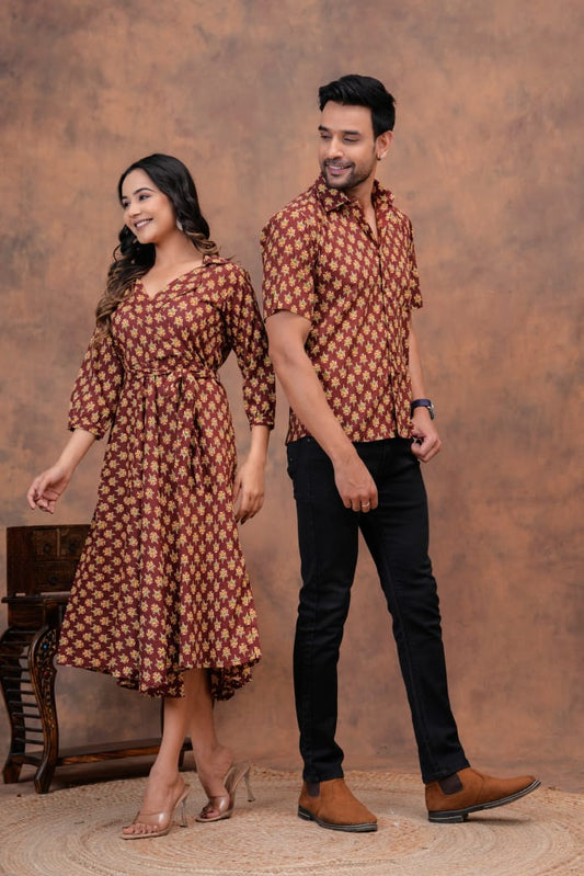 MUD BROWN HANDBLOCK PRINTED SHIRT AND DRESS