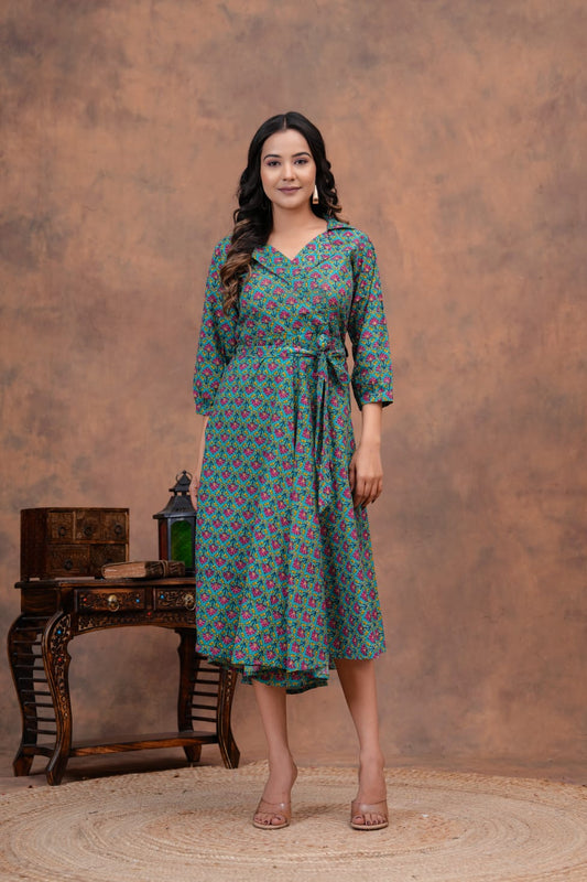 TURQOUISE HANDBLOCK PRINTED DRESS