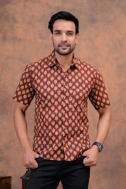 MUD BROWN HANDBLOCK PRINTED SHIRT