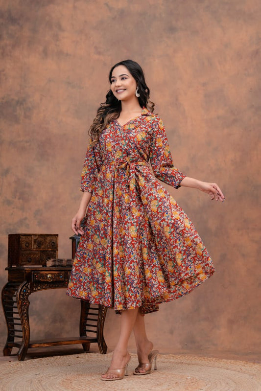 KALAMKARI FLORAL HANDBLOCK PRINTED DRESS