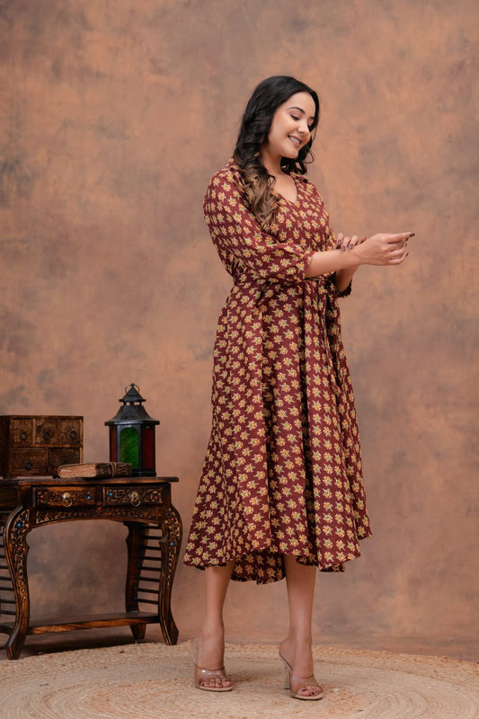 MUD BROWN HANDBLOCK PRINTED DRESS