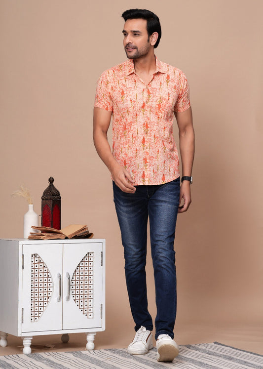 ORANGE FLORAL HANDBLOCK PRINTED SHIRT
