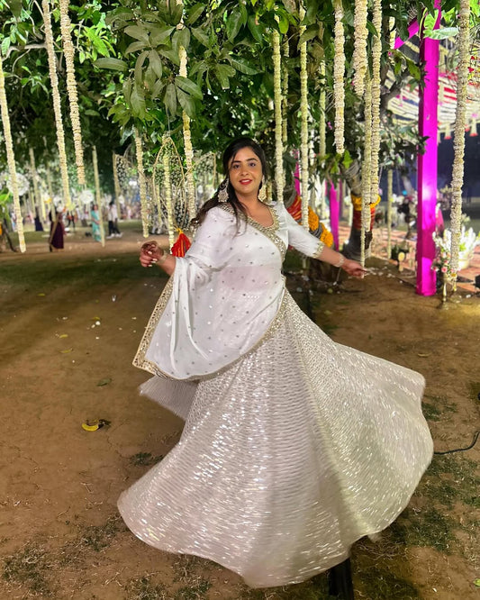 White mirror work lehnga set